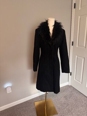 B. Moss Black Feather Trim Collar Dress Coat Jacket Size Small